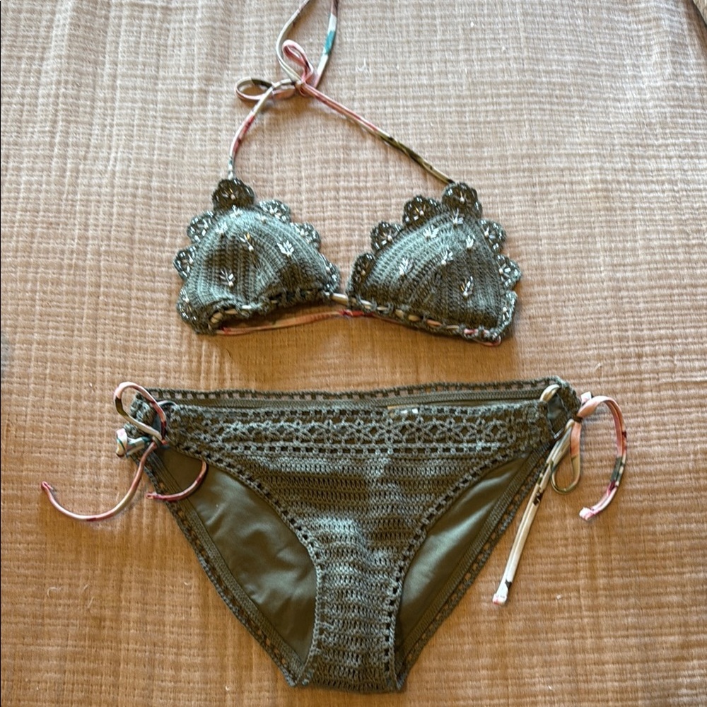 Abercrombie & Fitch Embellished Green Crochet Bikini Top and Bottom XS S